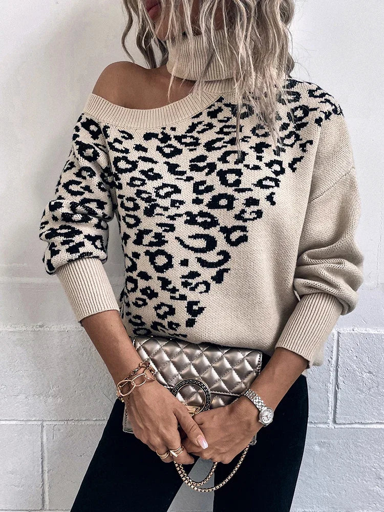 Leopard drop shoulder knit sweater for women