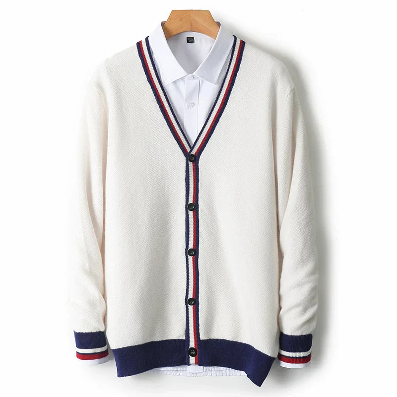 Men’s Cardigan – Wool Blend – Relaxed Fit – V-Neck – Button-Up – Ribbed Trim – Striped Detail