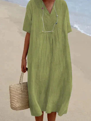 Women’s Midi Dress – Oversized Fit – V-Neck – Short Sleeve – Breathable Natural Fibres