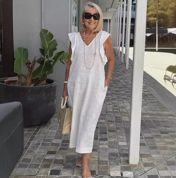 Women's Midi Dress - Cotton Linen Blend - Relaxed Fit - V-Neck Sleeveless Casual Wear
