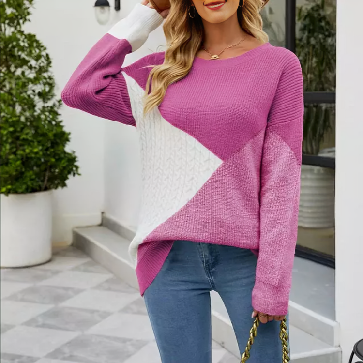 Color-block pullover knit sweater for women