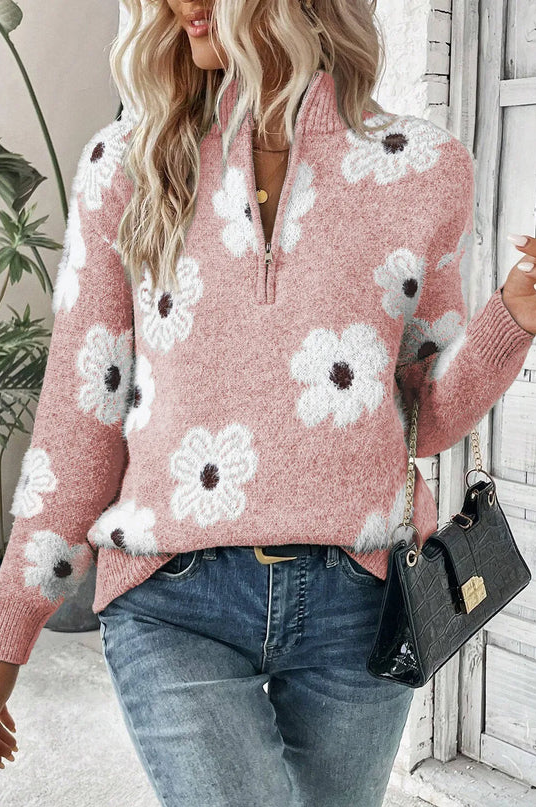 Floral half zip warm sweater for women