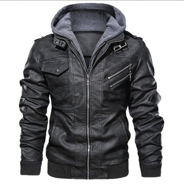 Men’s Leather Jacket – Slim Fit – Hooded – Zipper Front – Multi Pocket – Ribbed Trim