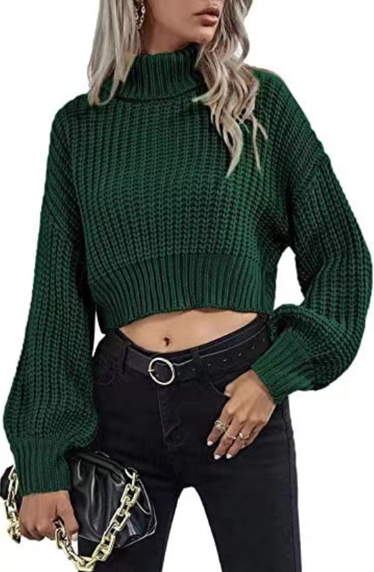 Women’s Sweater – Wool Blend Knit – Cropped Fit – High Turtleneck – Balloon Sleeves
