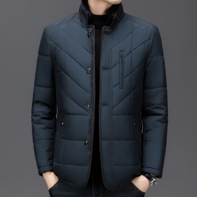 Men’s Quilted Jacket – Tailored Fit – Stand Collar – Button Front Warm Outerwear