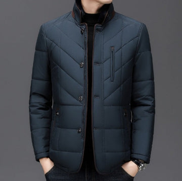 Men’s Quilted Jacket – Tailored Fit – Stand Collar – Button Front Warm Outerwear