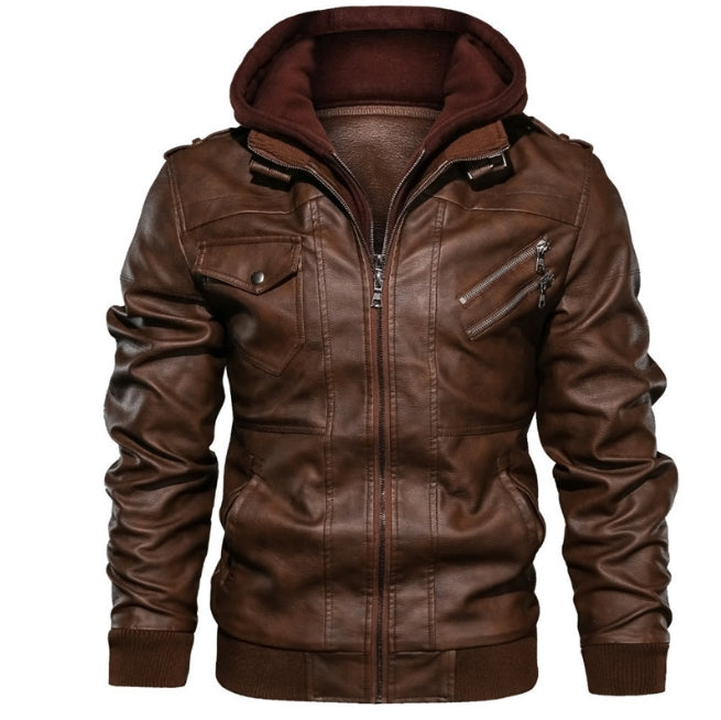 Men’s Leather Jacket – Slim Fit – Hooded – Zipper Front – Multi Pocket – Ribbed Trim