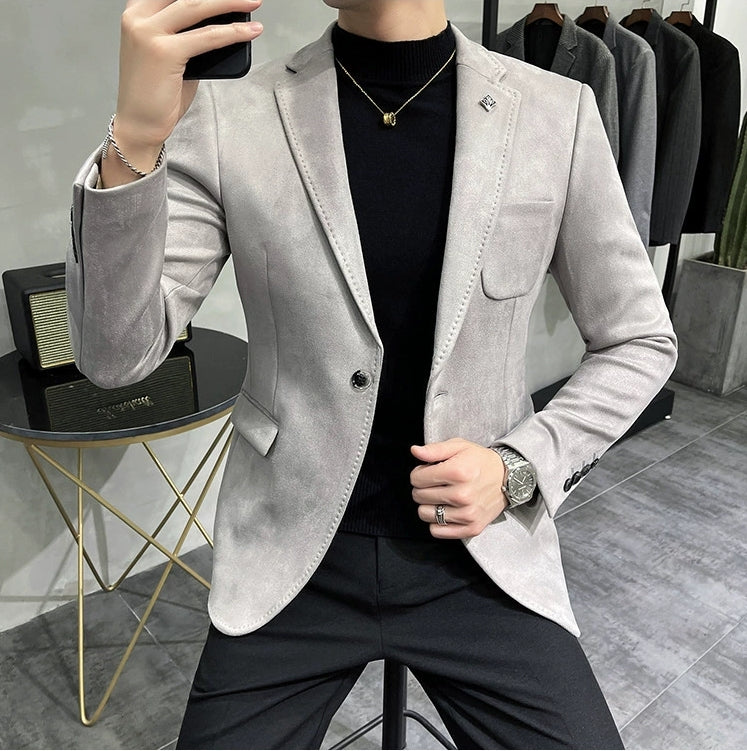 Men’s Blazer – Slim Fit – Suede Texture – Single-Breasted – Notch Lapel Formal Style