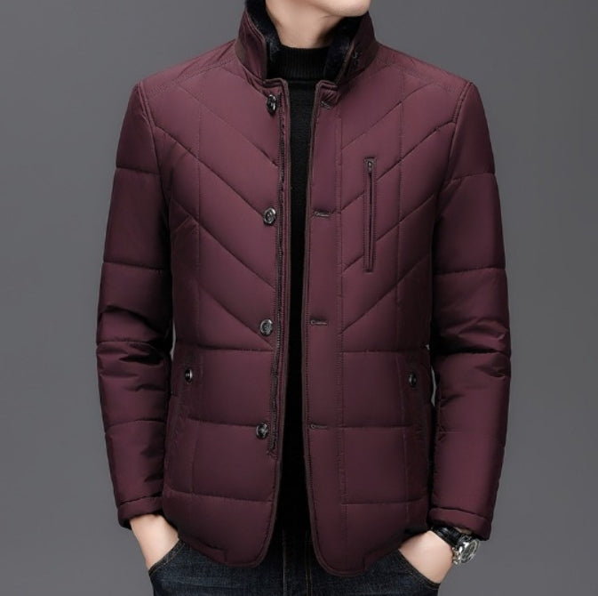 Men’s Quilted Jacket – Tailored Fit – Stand Collar – Button Front Warm Outerwear