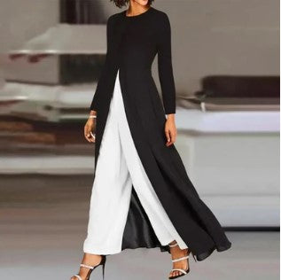 Women’s Two-Piece Suit - Long Sleeve Flowing Overlay - Wide-Leg Elegant Pants