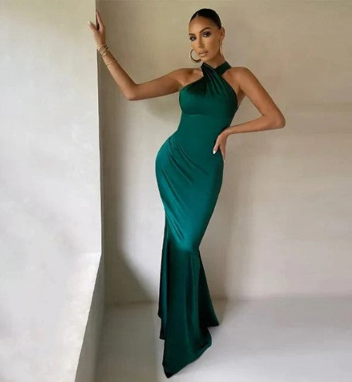 Women’s Satin Maxi Dress - One-Shoulder - Elegant Form-Fitting Formal Wear