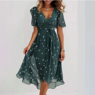 Women's Wrap Midi Dress - Flutter Sleeves - V-Neck - Floral Lightweight Elegant Fit
