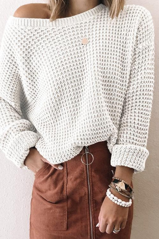 Women’s Knitted Sweater – Loose Fit – Oblique Collar – Waffle Wool Blend Pullover