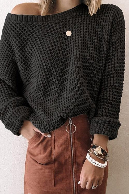 Women’s Knitted Sweater – Loose Fit – Oblique Collar – Waffle Wool Blend Pullover