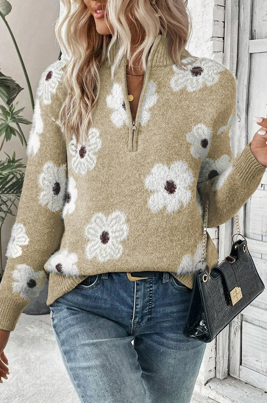 Floral half zip warm sweater for women