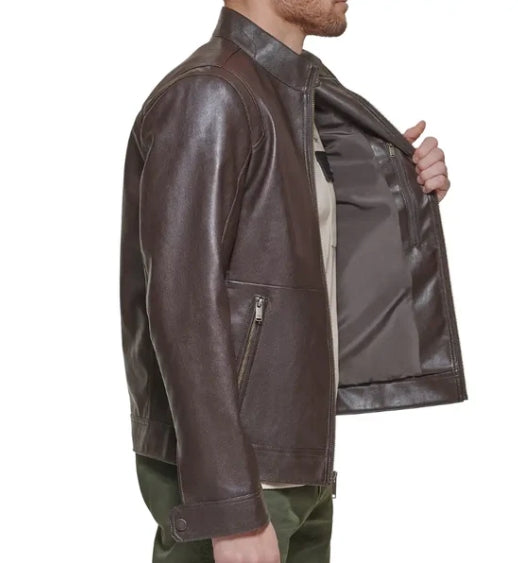 Men’s Jacket – Regular Fit – Faux Leather Look – Band Collar – Zippered Pockets