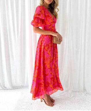 Puff-sleeves chiffon maxi dress for women