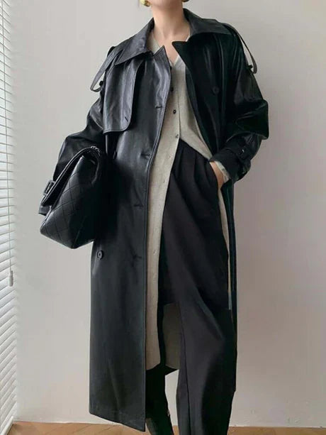 Women’s Trench Coat – Loose Fit – Faux Leather Look – Double Breasted – Full Length