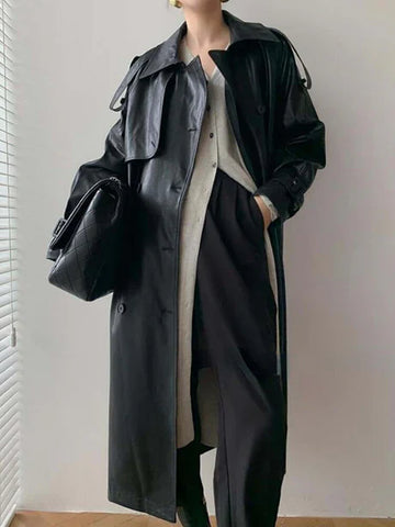 Women’s Trench Coat – Loose Fit – Faux Leather Look – Double Breasted – Full Length
