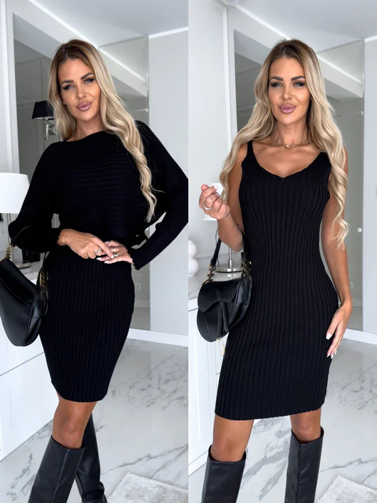 Long sleeve knitted sweater and dress set for women