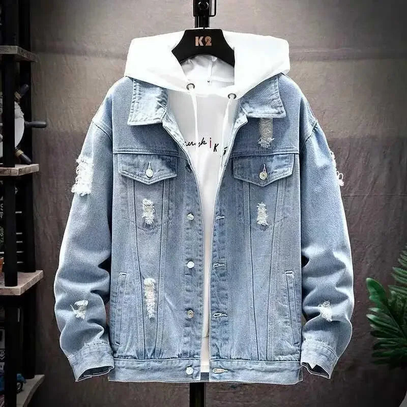 Men’s Denim Jacket – Loose Fit – Distressed – Single Breasted – Streetwear Style