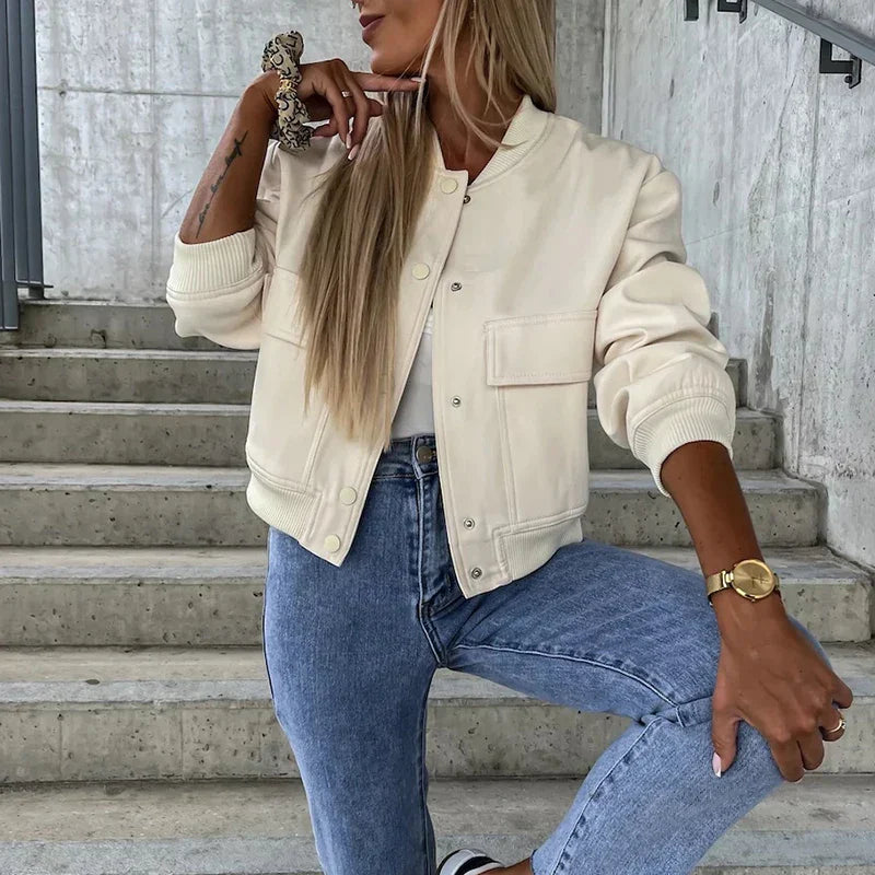 Women’s Cropped Bomber Jacket – Relaxed Fit – Ribbed Trim – Snap Front – Cotton Blend