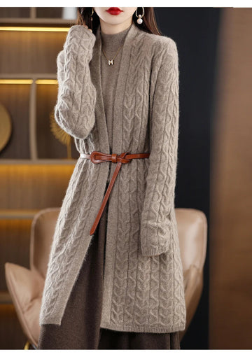 Women’s Long Cardigan – Wool Blend Knit – Relaxed Fit – Cable Pattern – Belted Waist