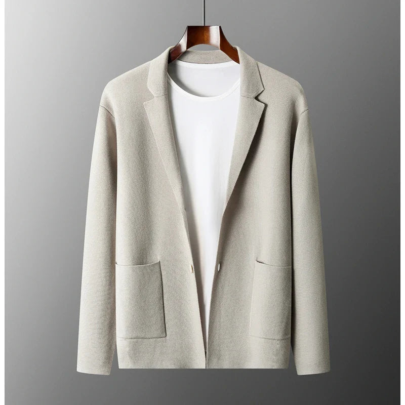 Men’s Wool Cardigan Jacket – Tailored Fit – Notched Lapel – Patch Pockets – Semi-Formal