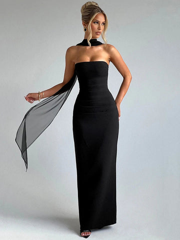 Women's Prom Dress - Strapless Floor-Length - Column Silhouette - Halter Scarf Detail