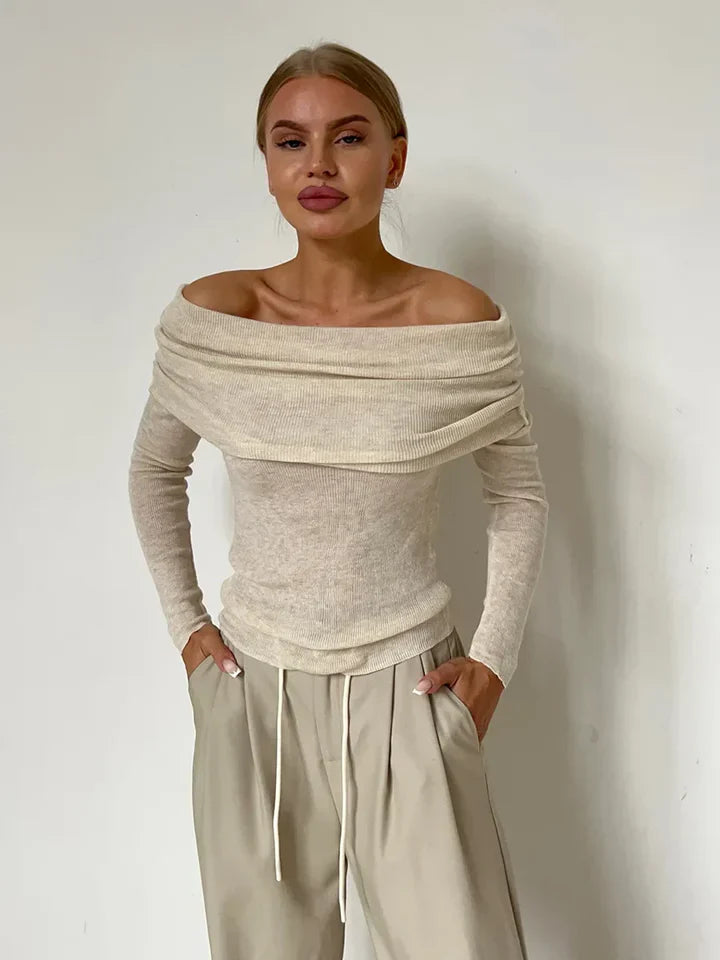 Women’s Off-Shoulder Sweatshirt – Ribbed Knit – Fitted – Cropped Long Sleeve Top