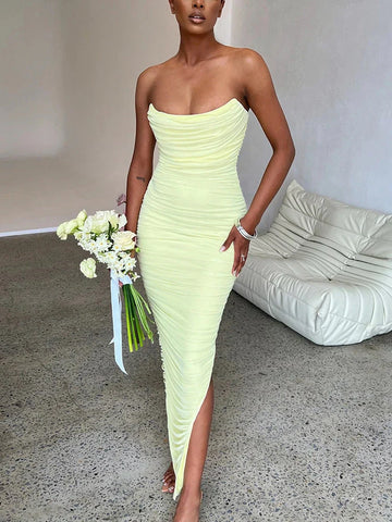 Women's Maxi Dress - Off-Shoulder - Ruched Fitted Design - High Slit Elegant Style