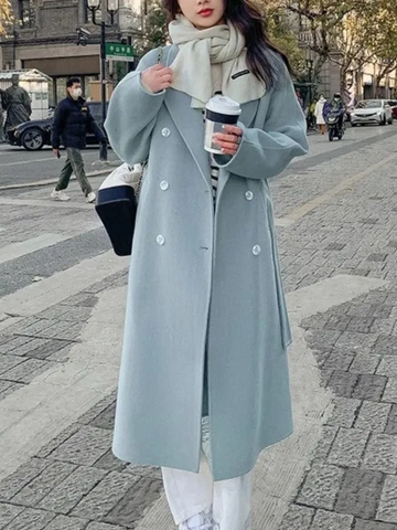 Women’s Long Overcoat – Wool Blend – Relaxed Fit – Double Breasted – Belted Waist
