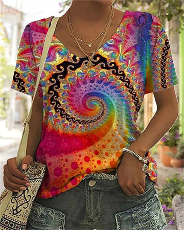 Women's T-Shirt - V-Neck - Short Sleeve - Abstract Print - Casual Fit