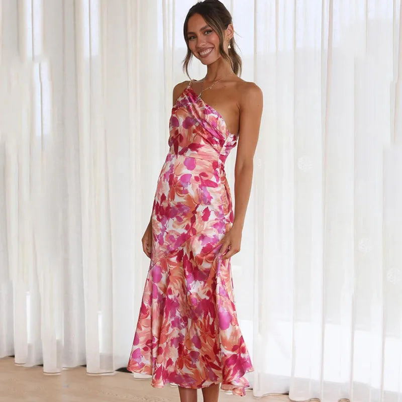 Women's One-Shoulder Midi Dress - A-Line Silhouette - Elegant Floral Print