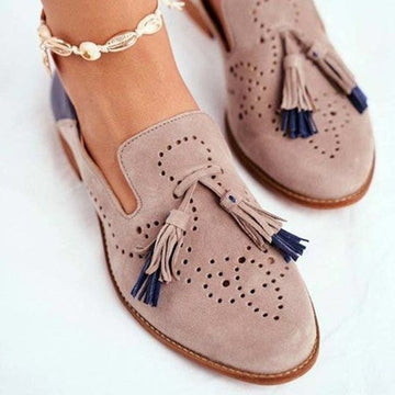 Women's Leather Loafers - Slip-On Tassel Design - Comfortable Round Toe Casual Shoes