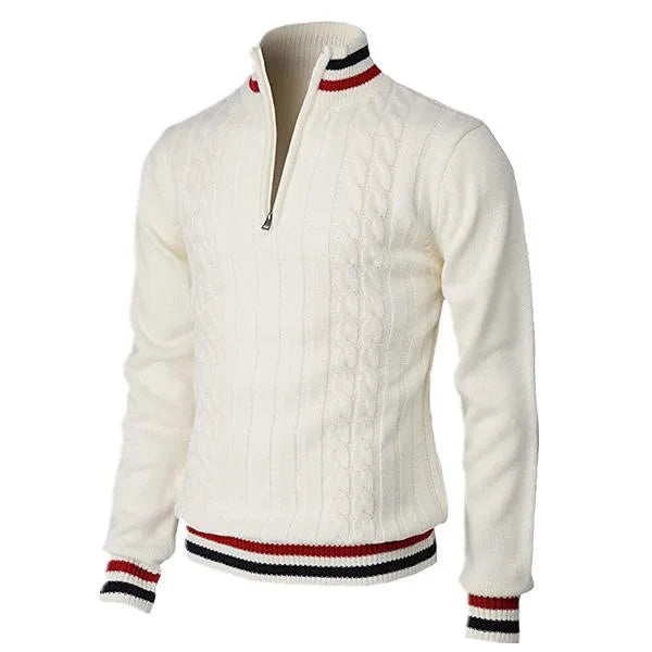 Men’s Turtleneck Sweater – Wool Knit – Slim Fit – Zip Neck – Cable Knit – Ribbed Trim