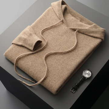 Men’s Hoodie – 100% Cashmere – Classic Fit – Soft Knit – Drawstring Hood – Ribbed Cuffs