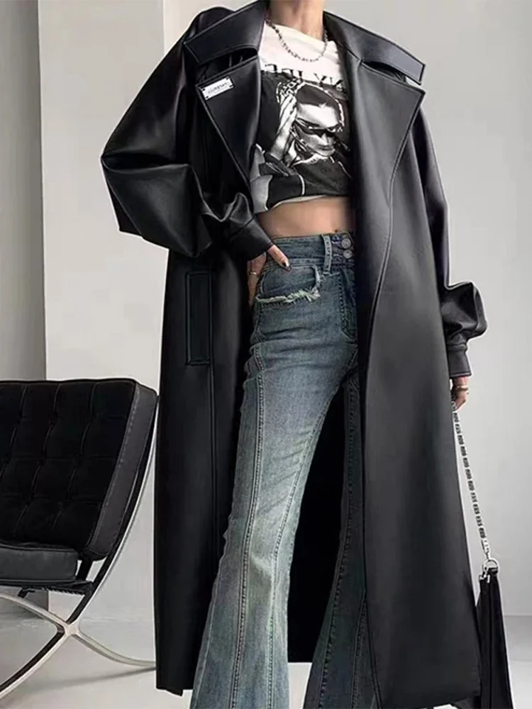 Women’s Long Coat – Tailored Fit – Faux Leather – Notched Lapel – Full Length