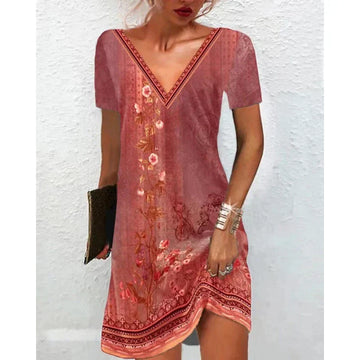 Women's Bohemian Dress - V-Neck - Short Sleeve - Lightweight Floral Print Casual Wear