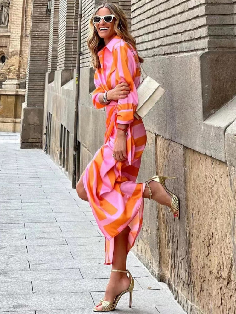 Women’s Midi Wrap Dress – Tailored Fit – 3/4 Sleeve – Structured Collar – Natural Fibers