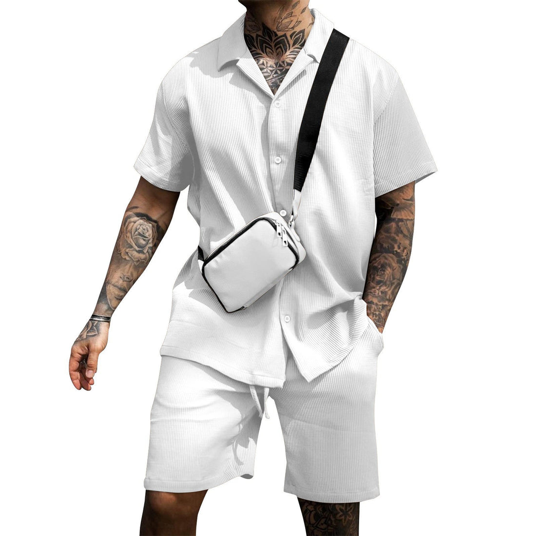 Button collar shirt & shorts outfit set for men