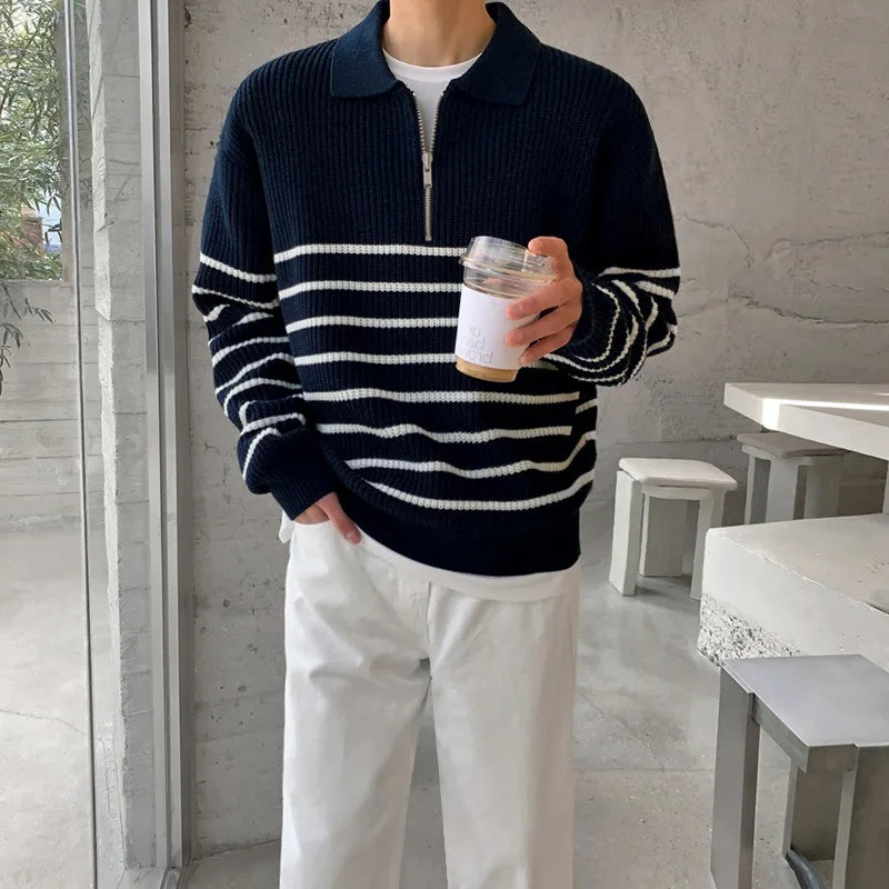 Men’s Sweater – Relaxed Fit – Wool Knit – Half Zip Polo Collar – Striped Ribbed Trim