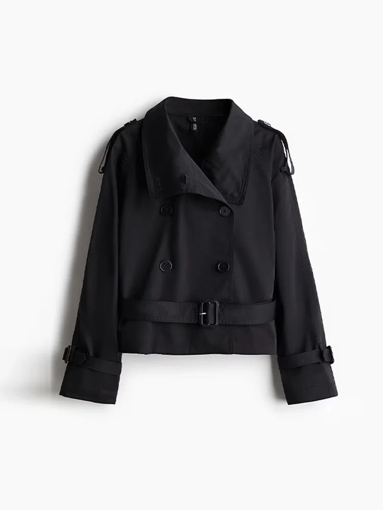 Women’s Coat – Tailored Fit – Wool Blend – Stand Collar – Double Breasted – Belted Waist