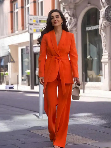 Women's Elegant Blazer Set – Shawl Lapel Jacket & Wide-Leg Pants