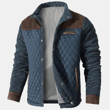 Men’s Quilted Jacket – Regular Fit – Diamond Stitching – Corduroy Shoulders – Leather Trim