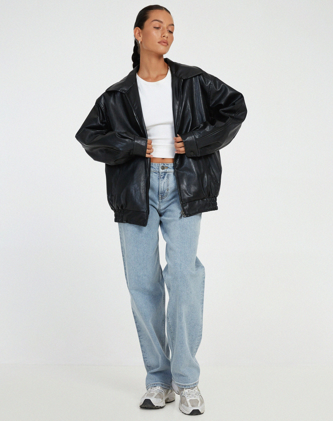 Oversized faux leather bomber jacket for women