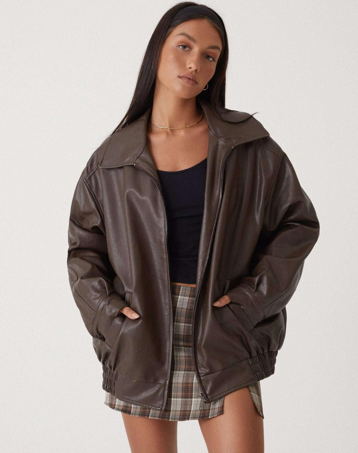 Oversized faux leather bomber jacket for women