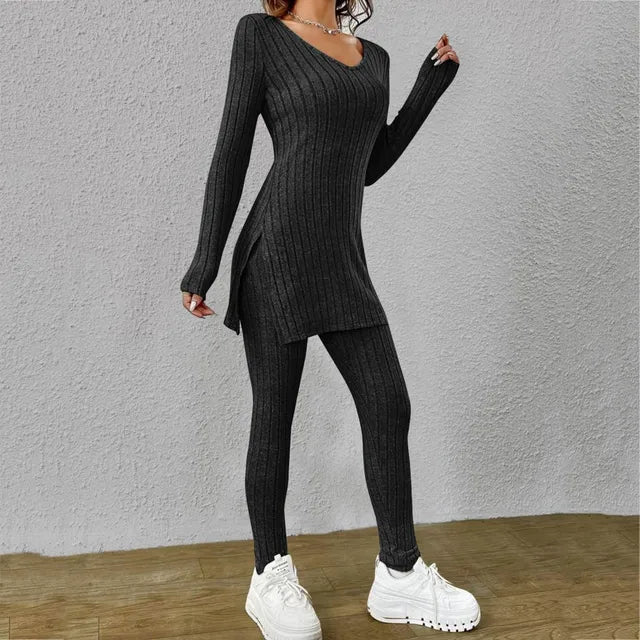 Women’s Lounge Set – Ribbed Knit – V-Neck Top with Side Slits – Slim Fit Leggings