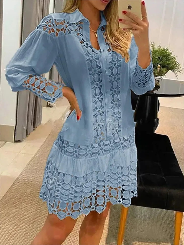 Women's Shirt Dress - Crochet Lace Detail - Collared Neckline - Tiered Skirt - Long Sleeve