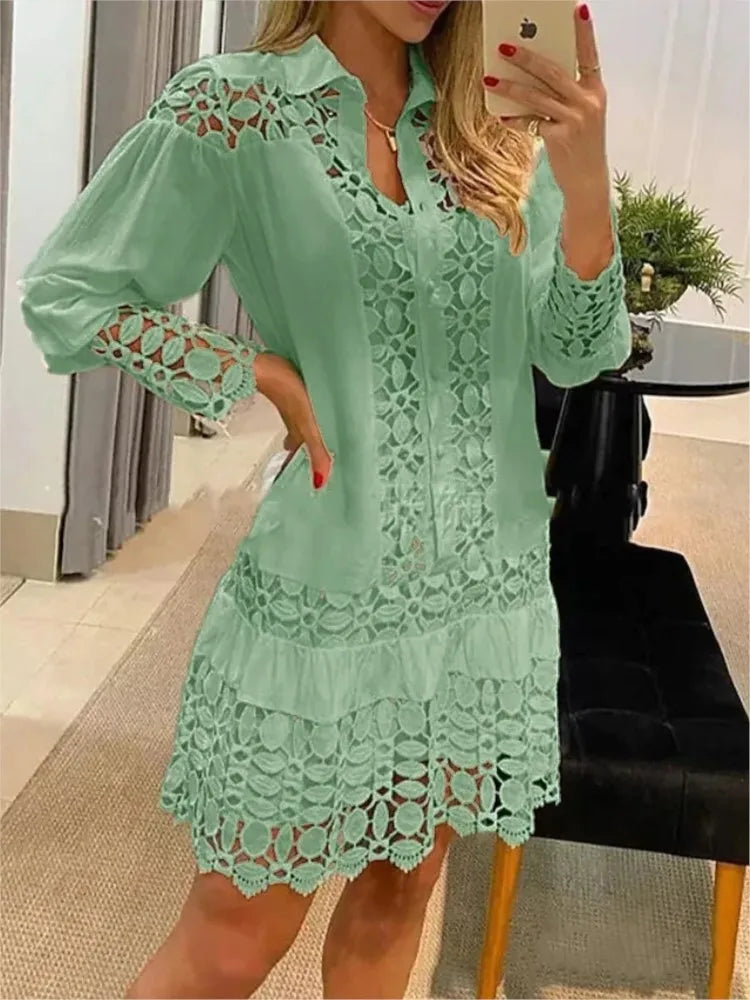 Women's Shirt Dress - Crochet Lace Detail - Collared Neckline - Tiered Skirt - Long Sleeve